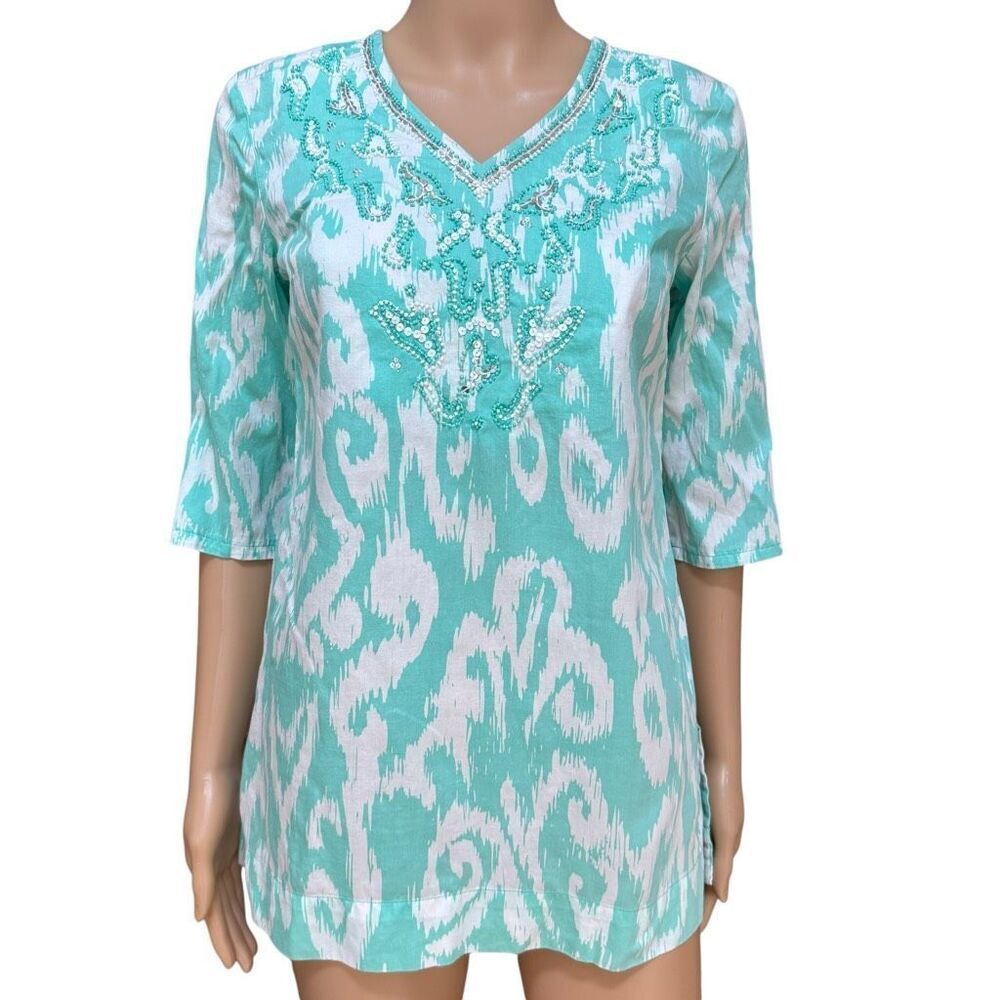 Brooks Brothers 346 100% cotton Top blouse tunic teal Pullover Sequin Beads Sz S - Picture 1 of 8